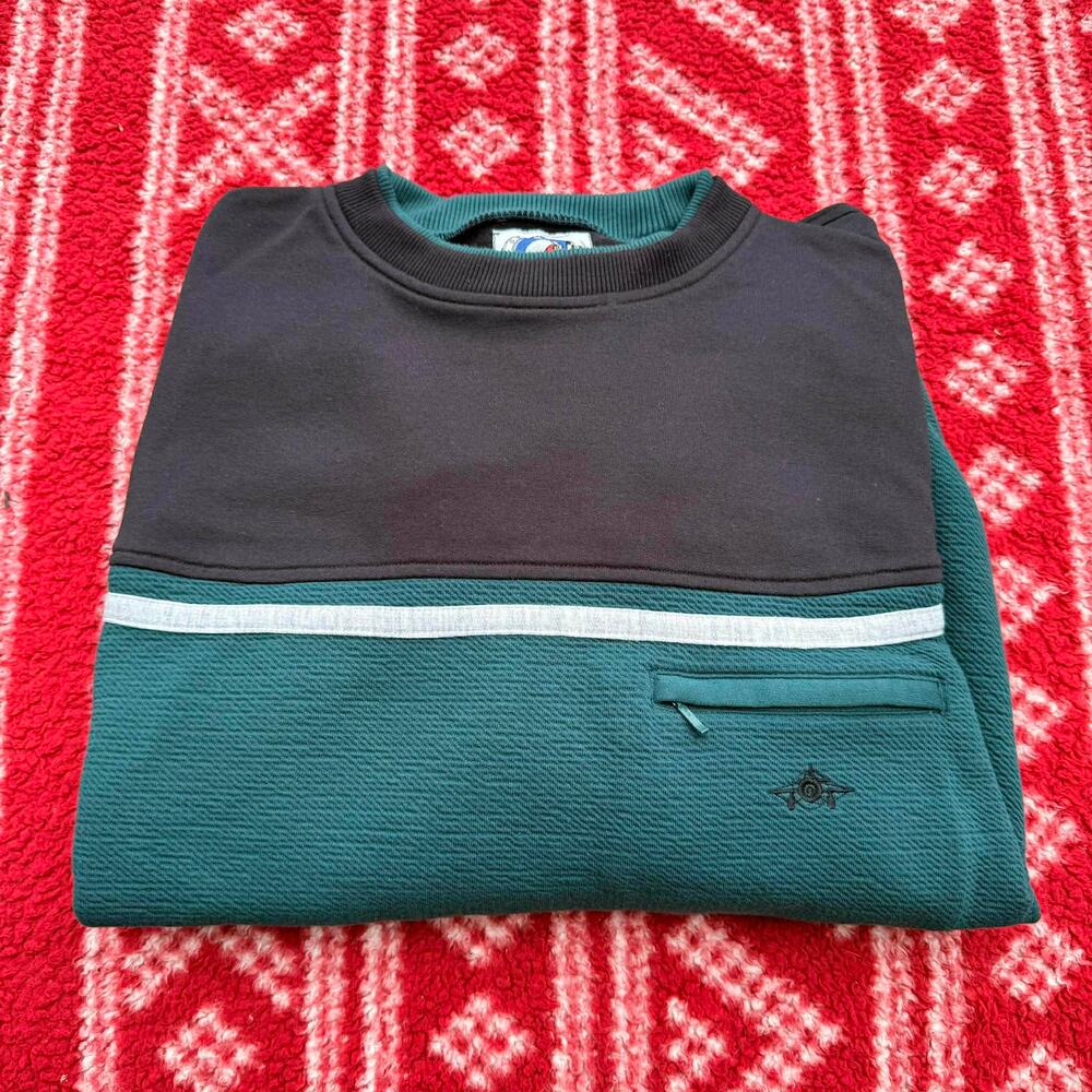 Vtg 90s Greenline International Textured Sweatshirt Teal Black Zip Pocket XL